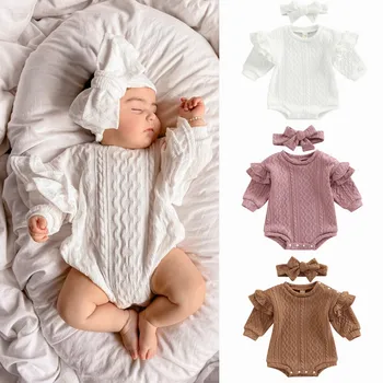 0-24 м, детски Пуловер, гащеризон, есенно-зимни дрехи за момчета и Момичета, вязаный Гащеризон с дълги ръкави и набори + превръзка на главата, трикотаж за новородени деца