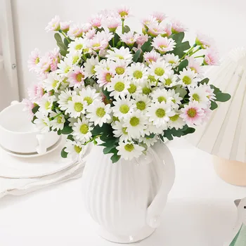 1 бр. Изкуствени бели цветя маргаритки, коприна букет цветя, ваза 
