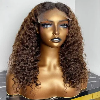13X4 Къдрава перуки, изработени от човешка коса на дантели за жени, HD Перука с дълбока вълна на дантели, бразилски перуки, изработени от човешка коса шоколадово-кафяв цвят