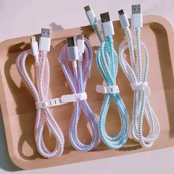 140 см Цветни лазерни спирала, USB Кабел за зарядно устройство, Защита на кабела, разгъната кабел за iPhone Samsung Xiaomi, кабел за пренос на данни, ръкав за кабел
