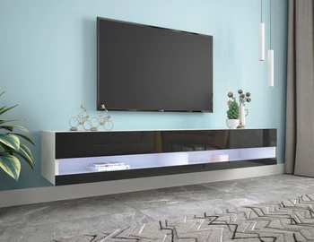 180 Стенни плаващ 80-инчов шкаф за телевизор с 20 цветни светодиода Бял черен за начална дневна