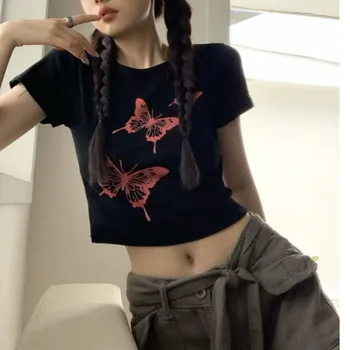 2000-та Y2k, градинска облекло, тениски с графичен дизайн, женски корейски модни тънки черни блузи с къс ръкав, дамски ежедневни ризи в стил хипи