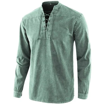 2020 Мъжка тениска в готически стил ретро стил, деним риза с дълъг ръкав и V-образно деколте и дантела, Свободни Блузи за мъже NIN668