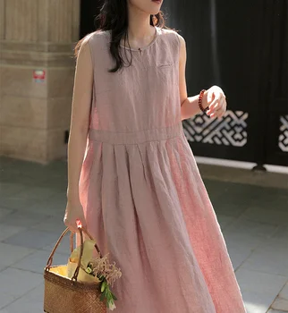 2022 Женски лятото плиссированное рокля от чист лен с каменен модел без ръкави, рокля с ръчно изработени с кръгло деколте 0525-6