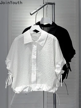 2023 Blusas Mujer De Moda Лятна Блуза за Жени с Отложным Яка и Къс Ръкав, Бели Ризи на съвсем малък, Корейски, Шикозни Дамски Блузи