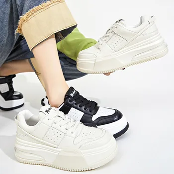 2023, женски бели маратонки на платформа, модни вулканизированная обувки от естествена кожа, дамски нескользящие удобни ежедневни обувки на плоска подметка