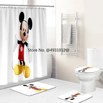2023 Завеса за душ с хубав принтом Мики Маус, мультяшные завеси за баня, комплект постелки за баня, Противоскользящий килим, Капака на тоалетната чиния, Начало