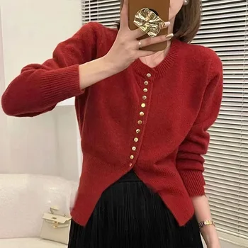 2023 Лек пуловер с кръгло деколте, женски новият есенно-зимния пуловер в корейски стил, вязаный пуловер с цепка, тънък топ с дълъг ръкав