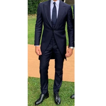 2023 Модерен дизайн палто и панталони, италиански комплект от три елемента, индивидуален черен тъмно сини мъжки костюм, моден фрак за сватбата на концерта, бала