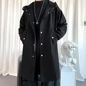 2023 Мъжко яке-ветровка, дълъг тренч, свободна градинска облекло Оверсайз, реколта черно палто, мъжки ежедневни връхни дрехи за улицата