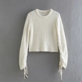 2023 Нов бял съкратен пуловер, дамски ежедневни плетени блузи, Фланелка с дълги ръкави, най женски