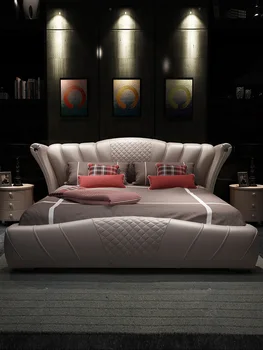 2023 Нова Кожено легло Light Луксозно двойно Легло, диван от естествена кожа с Модерна Проста легло Master King Bed