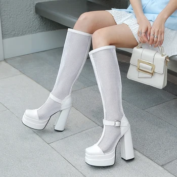 2023 Пролет-есен, нови дамски ботуши до коляното на платформата с квадратни пръсти, дамски летни ботуши-на вените, модни обувки от мрежата, бяло, черно, по-големи Размери