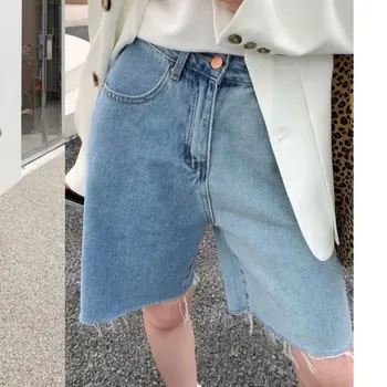 2023 Пролет-лято класическите дънкови къси панталони с висока талия в цвят блок, свободни пятиточечные дънкови шорти