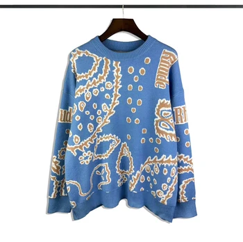 23SS, кръгъл отвор, синьо жаккардовый пуловер цвят кашу, мъжки и женски свитшоты по-добро качество, качулки Оверсайз в готически стил