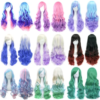 28-цолови аниме-перуки, дълги изкуствена коса, перуки за жени, топлоустойчива вечерни коса от фибри, червени, черни, бели, преливащи се цветове на косата на перука за cosplay