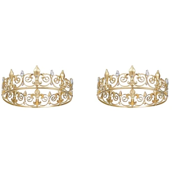2X Royal King Crown За мъже - Метални Корони и Диадеми за принцове, Кръгли шапки за рожден ден, Средновековни аксесоари (злато)
