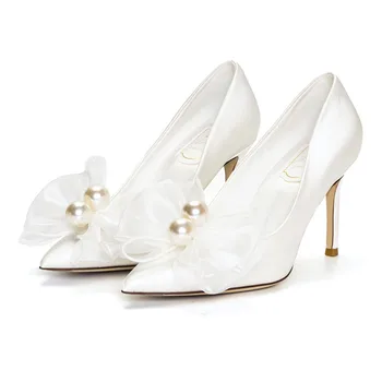 32-43 2023 Нови бели сватбени обувки с перли и лък, сватбената рокля цвят шампанско, дамски обувки-лодка на висок ток-висок ток
