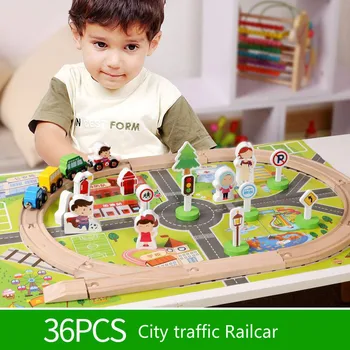 36 бр. Дървени жп влак, детски градската жп-транспорт, сглобяване на дървени рельсового пътя, на сцената на сглобяване на жп пътя