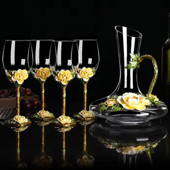 5 бр. компл. Емайл стъклен комплект за вино Комплект графинов за вино творчески Чаша Подарък кутия за вино, чаши