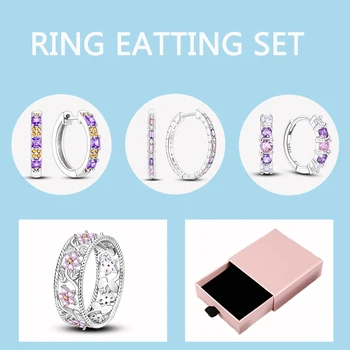 5 бр./лот, розово-лилаво големи обеци-халки принцеса, сребро 925 проба, пръстен с розов цвят, цвете и цирконием, дамски бижута, пръстени, комплект с подарък кутия