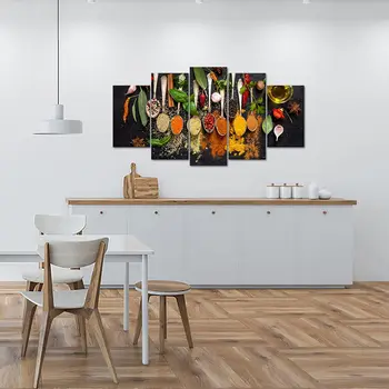 5 кухненски панели с различни билки и подправки в една лъжица, реколта картини за кухня, трапезария, рисунки върху платно, монтиран на стената художествен плакат, HD печат