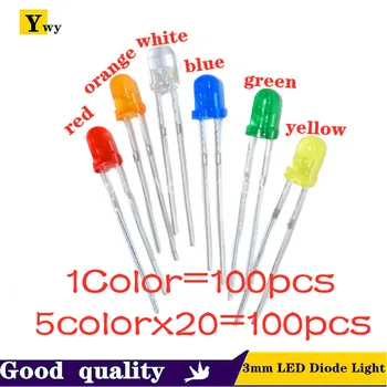 5 Цвята * 20PCS = 100ШТ / 1 цвят = 100шт F3 3 мм Led Диоден лампа Асорти Комплект Зелен Син Бял Жълт Червен КОМПОНЕНТ САМ kit