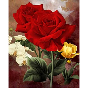 5D САМ Диамантена живопис, цветен живопис, Червената Роза, една Красива картина, на Площада/ Кръгла брилянтен, Бродерия на кръстат бод, Произведения на изкуството WG3039