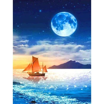 5D САМ диамантена картина на пейзаж, картина на Морска Луната Платно Сцена картина Квадратна/кръгла Диамантена бродерия на кръстат бод декоративен подарък WG3090