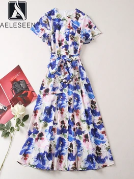 AELESEEN, модерно рокля midi за подиум, женски лятото виолетово-синя рокля с флорални принтом, джоб-колан, с елегантно парти, Празник