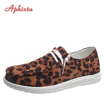 Aphixta/ Летни Дишащи леопардовые обувки с кръгло бомбе без закопчалка на равна подметка и дантела; Женска Двойка; Модни Лоферы; Големи Размери 43