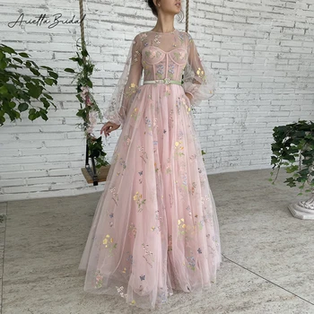 Arietta Розови дантелени рокли Макси с цветна бродерия, абитуриентски рокли с дълги буйни ръкави, прозрачен силует, сватбени рокли за партита трапецовидна форма с джобове