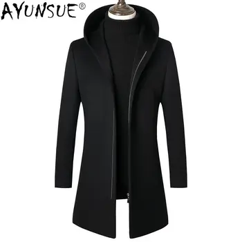 AYUNSUE 100% вълна яке Мъжки дрехи Мъжки есенно-зимно яке с качулка с цип със средна дължина, бизнес тънката вълнена палто Casaco Masculino