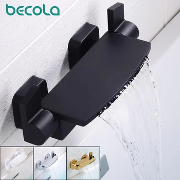 Becola Черен Смесител за вана с водопад за баня, монтиране на бортике, двойна Дръжка, Месинг смесител за душ, смесител за вани