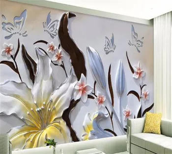 beibehang Индивидуални съвременните фрески на фонова картина слива релеф, просто стил лили хотел спалня декорация на дома, тапети