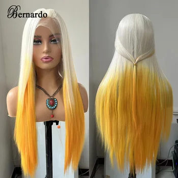 Bernardo Golden Ombre Жълт цвят, дълги прави синтетични перуки на дантели отпред за черни жени, натурална линия на растеж на косата, Cosplay, Ежедневни облекла