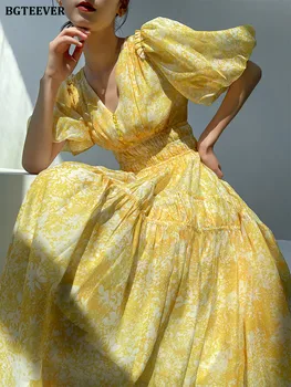 BGTEEVER, елегантна женствена рокля с V-образно деколте и еластична талия с флорални принтом, пролетно-лятно винтажное рокля с пищни ръкави, коварен женствена рокля трапецовидна форма