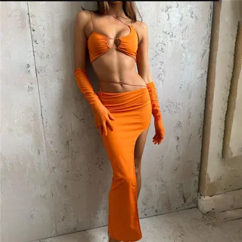 BKLD 2023, Лятна нова дамски дрехи, модерен съкратен топ на спагети презрамки, облегающая пола с цепка на бедрото, комплект дрехи от две части