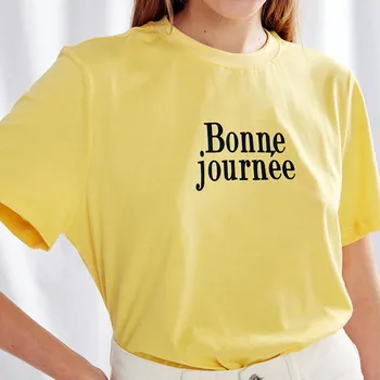 Bonne Journee, романтичен дамски тениски с френските букви, жълти Летни тоалети от 100% памук 2023, шик блузи, тениски