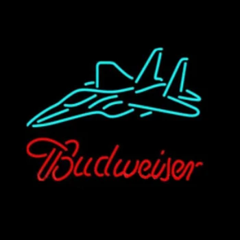 Budweiser Боец Реактивен Самолет Лампа Ръчно изработени от истинско Стъкло Тръба Бирария Реклама Декор на Стената Дисплей Неонова светлинна Табела 17X14 