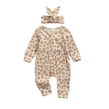 Citgeett, есен и ежедневни облекла за бебета момичета и момчета, Гащеризон с флорални принтом и дълги ръкави + Превръзка на главата с лък, Дрехи