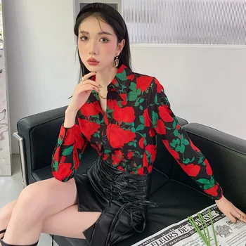 Damski-блуза с дълъг ръкав за жени, луксозни ризи с принтом червени рози, градинска облекло в корейски стил, топ, блуза Y2k