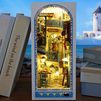 Diy Wooden Книжен Ъгъл Полк Поставяне На Миниатюрни Строителен Комплект Морска Къща Casa Лавица За Книги В Събирането На Поставка За Книги За Деца, Подарък За Рожден Ден