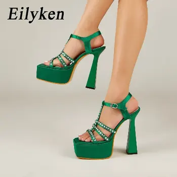 Eilyken 2023, дамски сандали на платформа и висок квадратен ток в уличном стил, пикантен дамски обувки с отворени пръсти и каишка с катарама с кристали