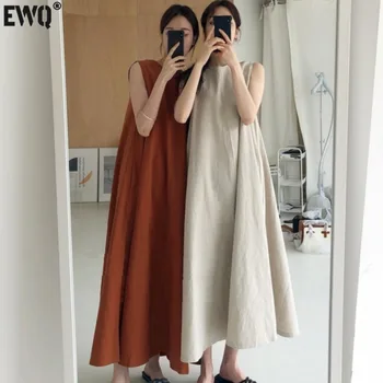 [EWQ] Лятна рокля 2023, луксозно свободното си рокля без ръкави, със средна дължина от памук и лен, дълга рокля без ръкави с висока талия, женски дрехи за модния подиум