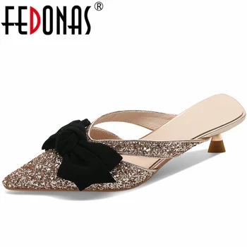 FEDONAS/нови чехли с пеперуда и възел, дамски сандали на тънките токчета, модерни блестящи вечерни обувки с остри пръсти, за бала, обувки за пролет-лято