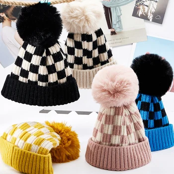 FOCUSNORM, 5 цвята, есенно-зимна вязаная капачка за малки момичета и момчета, карирани плюшено топка, ветрозащитная топла шапка