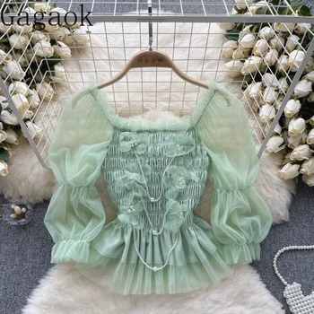 Gagaok, нежна мрежа риза, дамски летни блузи с квадратна яка и ръкави-листенца, плиссированный дизайн, уникален сладък топ от чист секс