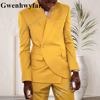 Gwenhwyfar, 2 бр./компл., мъжки жълт костюм, Блейзери, Панталони, класически бизнес джентълмен, официално сватбената рокля на Булката, обикновен костюм, мъжки