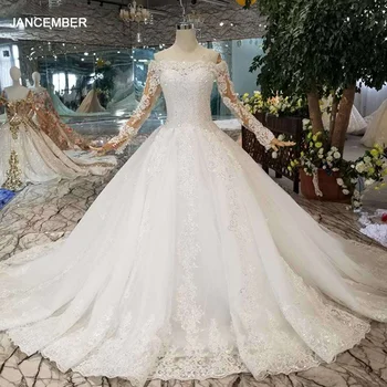 HTL108 Сватбена рокля 2021, бяло, с открити рамене, деколте лодка, дълга тюлевые апликации, дълги ръкави, чрез шнурове отзад